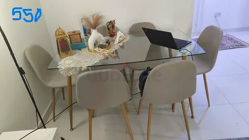 Glass Top Dining Table with 6 Beige Fabric Chairs - Good Condition