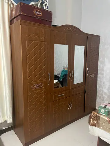 Solid Wood 4-Door Wardrobe with Mirror - Good Condition