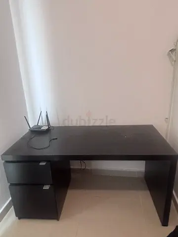Simple Black Office Desk with Two Drawers and office chair