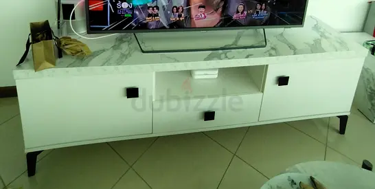 White TV Cabinet/Entertainment Unit with Marble Top set with coffee table and 2 side table
