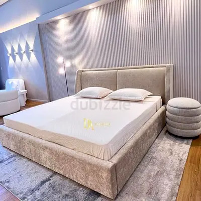 King size upholstered bed frame with headboard - light beige