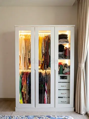 White grey 3-Door Wardrobe with Glass Panels and Built-in Lighting