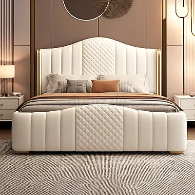 double bed upholstered bed frame with quilted headboard and footboard - cream