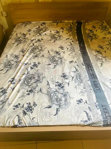 Wooden Double Bed with Floral Mattress - Good Condition