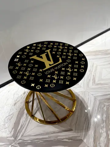 Louis Vuitton Style Round Accent Side Table with Gold Base