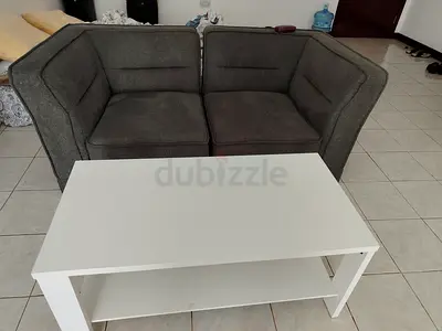 Grey 2-Seater Sofa with White Coffee Table - Good Condition