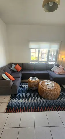 Grey Fabric 5-Seater Sofa with Cushions and Decorative Rug
