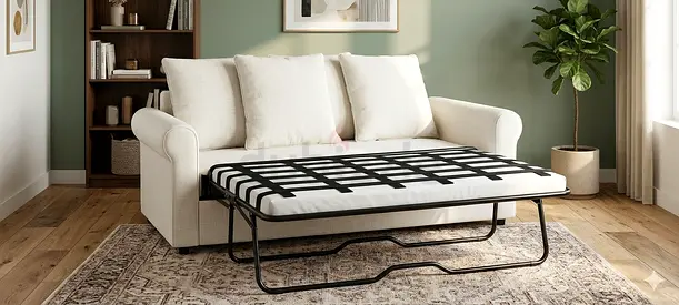 Beige 2-seater Pull-Out Sofa Bed with Mattress