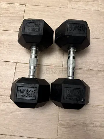 Pair of 15kg Hex Rubber Dumbbells - Good Condition