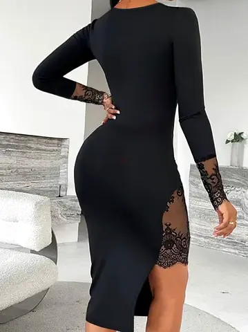 Black Bodycon Midi Dress with Lace Sleeves and Side Slit