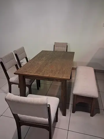 Solid wood dining table with 4 upholstered chairs and bench