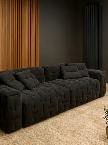 Modern Quilted Black Sofa with Cushions