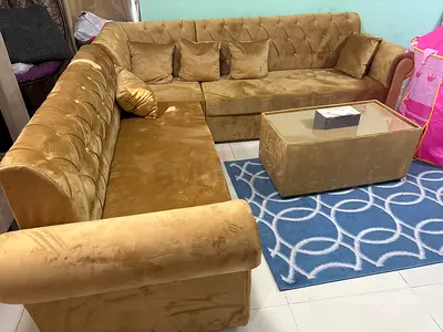 L-shaped velvet sectional sofa in mustard gold - good condition