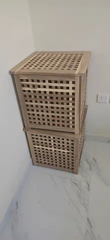 Pair of ikea wooden lattice style solid wood bed side storage cabinets