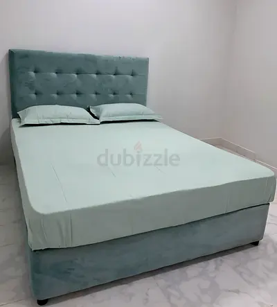 Upholstered Double Bed with Tufted Headboard - Light Teal