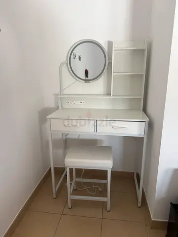 White Vanity Table with LED Mirror + Stool