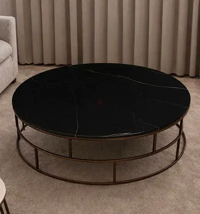Round Black Marble Top Coffee Table with Bronze Metal Frame