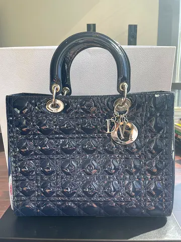 Christian Dior Lady Dior Bag Navy Patent Leather Large