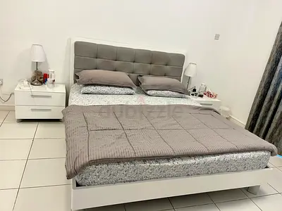 Modern White Double Bed SET with Grey Tufted Headboard,night stands, mattress,dresser with Mirror