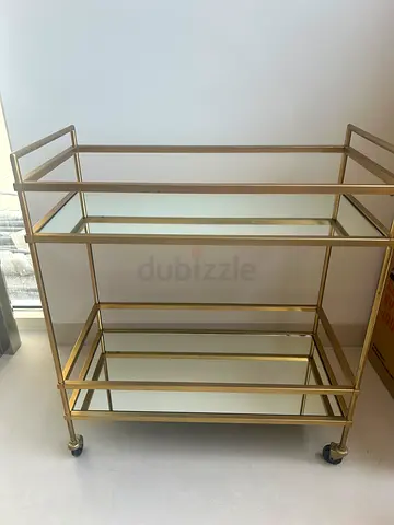 Brass Metal and Glass Bar Cart on Wheels - 2- Tier Serving Trolley