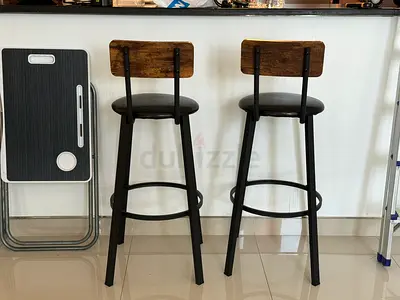 Set of 2 Industrial Bar Stools with Wooden Backs and Padded Seats