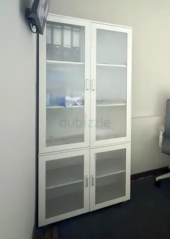 Modern White Office Storage Cabinet with Frosted Glass Doors