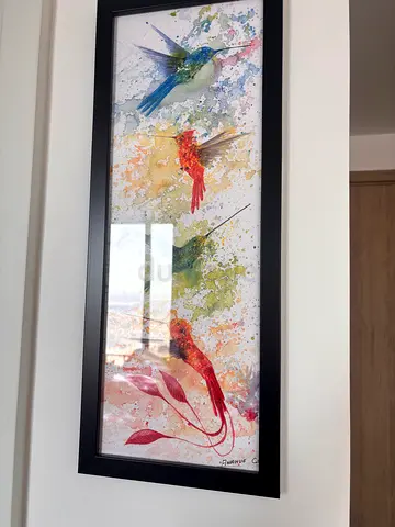 Framed Watercolor Hummingbird Artwork (Long Panoramic) - Ready to Hang