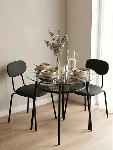 Round Glass Dining Table with 2 Mid-Century Modern Chairs