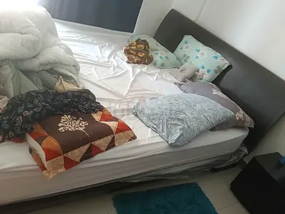 Queen size bed frame with mattress - dark wood headboard (used)