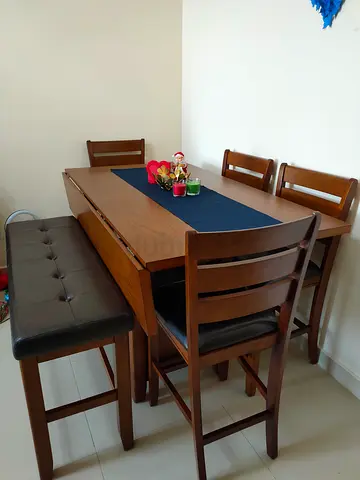 Solid Wood 6-Seater Dining Table with Bench and 4 Chairs - Good Condition