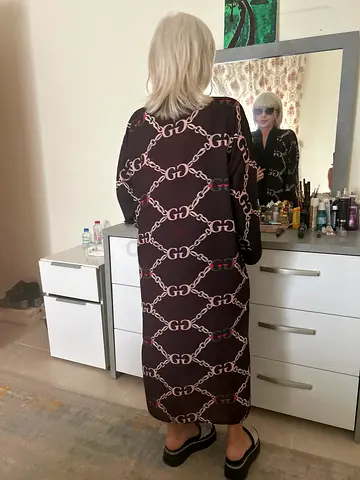 Brown chain-print long womens coat / duster, size approx M, abaya