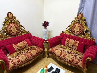 Pair of Ornate Red  Gold Classic Sofas - Elegant Two-Seater Set