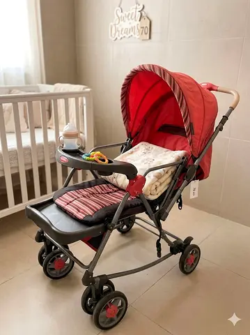 Red lightweight baby stroller with canopy and tray - good condition
