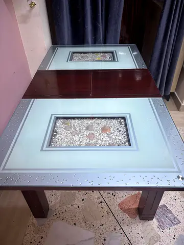 Glass Top Dining Table with Wooden Base - Seats 6