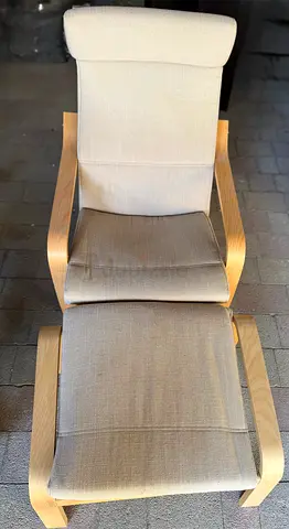 IKEA Poäng Armchair with Footstool - Light Wood, Beige Fabric + FREE Cover