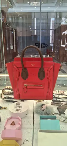 Red Celine Luggage Handbag with Brown Handles