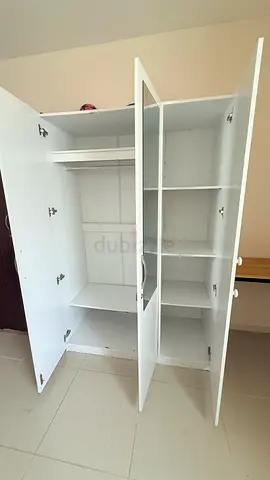 White 3-Door Wardrobe with Shelves and Hanging Rail — Good Condition