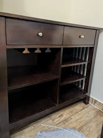 Dark Wood Bar Table With Shelves and Drawers