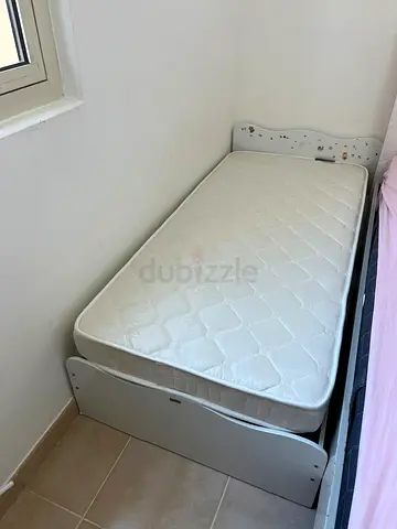 Single baby/toddler bed with mattress - white wooden frame, good condition