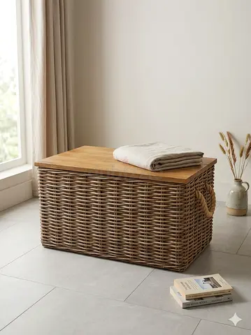 Wicker Storage Chest with Wooden Lid — Good Condition