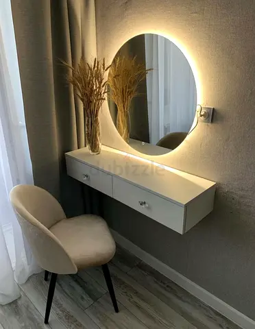 Wall-mounted Vanity Table with LED Mirror and Upholstered Chair