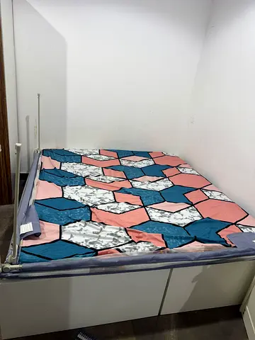 Customized 200 -200 Bed Frame with Mattress and Geometric Bedspread (Good Condition)