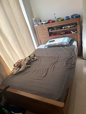 Single wooden bed frame with headboard and storage shelves with mattress - good condition