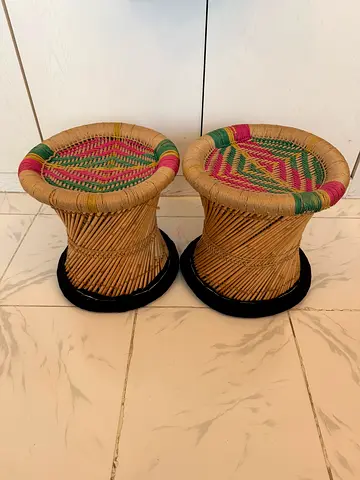 Pair of Handwoven Rattan Stools with Colorful Seats