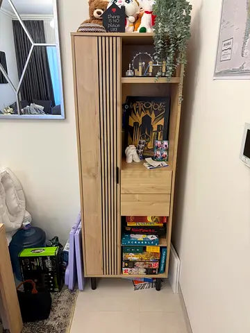 Tall Narrow Wooden Storage Cabinet with Shelves and Drawers