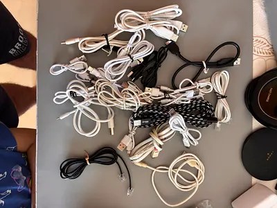 Collection of mixed charging and data cables — type C, USB, micro USB, aux, wireless chargers