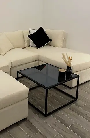 Modern Black Glass Coffee Table with Metal Frame