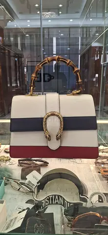 White Navy and Red Handbag with Bamboo Handle