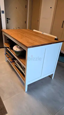 IKEA Compact Kitchen Island with Wooden Top and Storage Shelves + 2 chairs