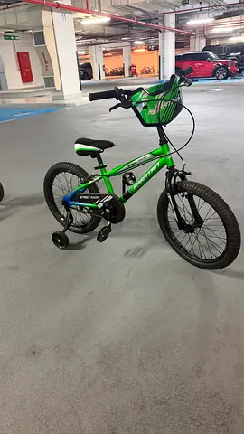 Green kids 18-inch bicycle with training wheels — good condition